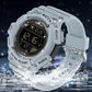 White digital LED sport alarm wristwatch with green display, shown in water splash.