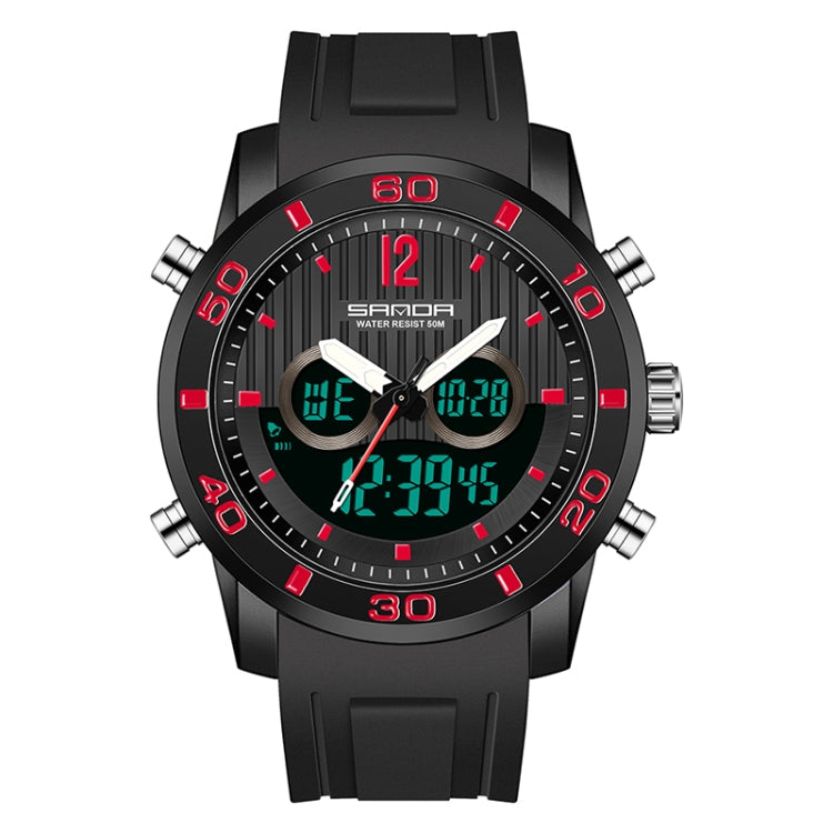 Black dual digital sports watch with red luminous bezel accents and dual displays