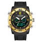 Black and gold dual digital sports watch with yellow luminous bezel accents and dual displays