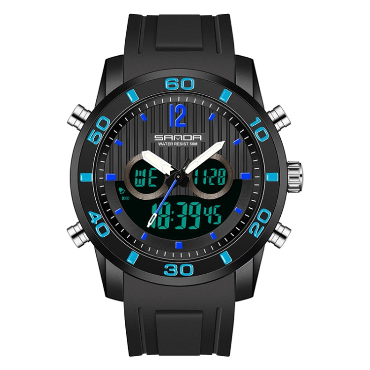 Black dual digital sports watch with blue luminous bezel accents and dual displays
