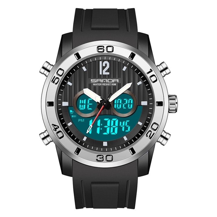 Black and silver dual digital sports watch with silver bezel accents and dual displays