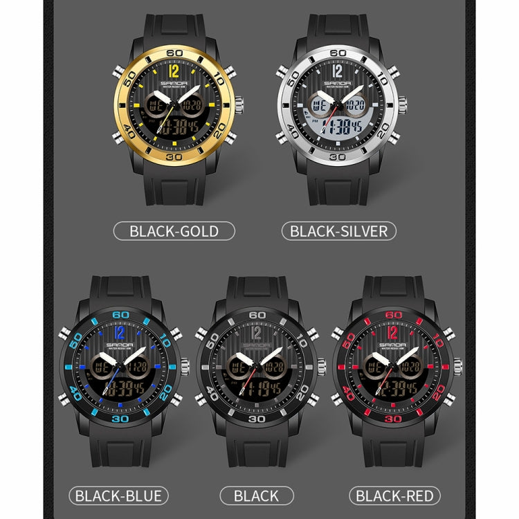 Dual digital sports watch color options shown in black-gold, black-silver, black-blue, black, black-red