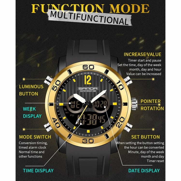 Gold-tone dual digital sports watch with black strap and luminous dual displays