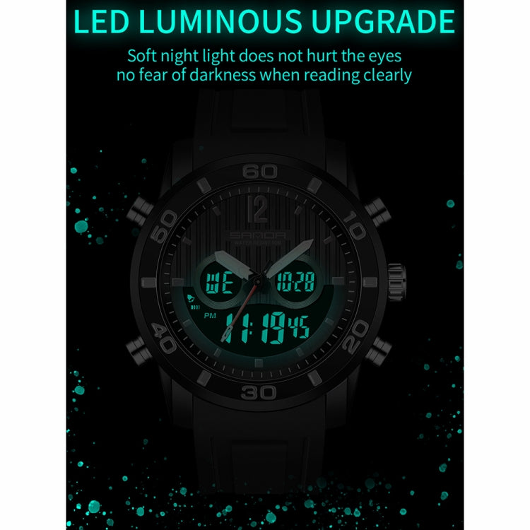 All-black dual digital sports watch with green luminous time display and dual dials