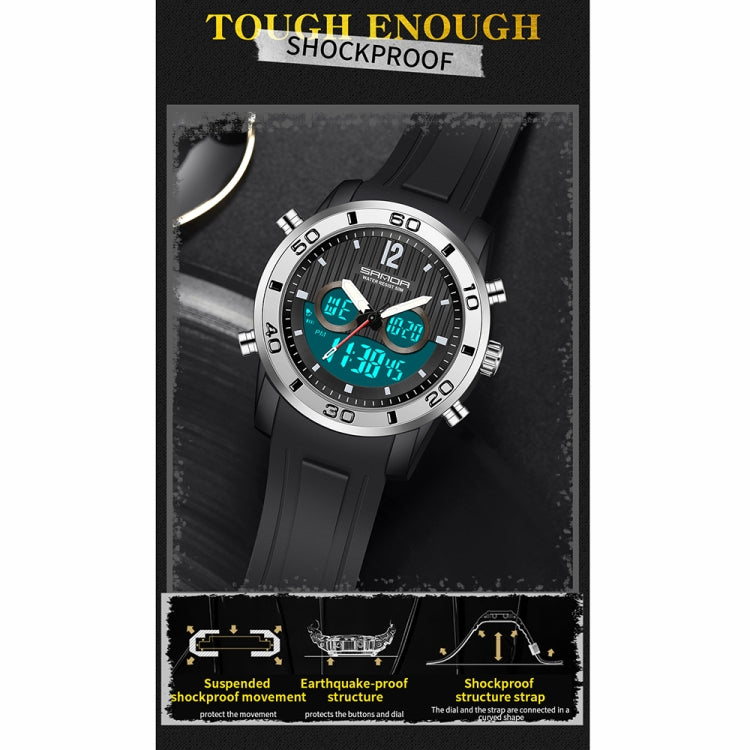 Men's dual digital shockproof watch, black strap, silver bezel, luminous display