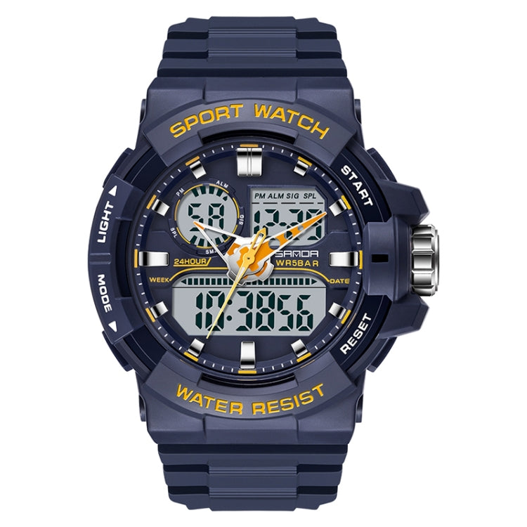 Dual time digital sport watch with sapphire blue band and orange accent bezel