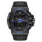 Dual time digital sport watch with black case and blue accents on the dial