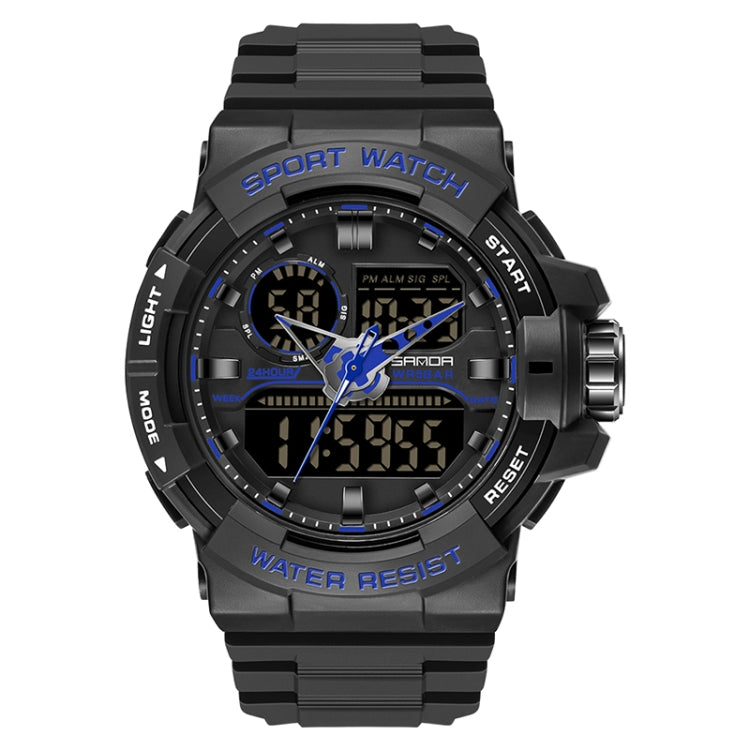Dual time digital sport watch with black case and blue accents on the dial