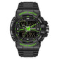 Dual time digital sport watch with green accents and glowing digital display