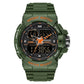 Dual time digital sport watch with army green band and orange-accent bezel
