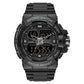 Dual time digital sport watch with all-black case and strap, glowing square dial