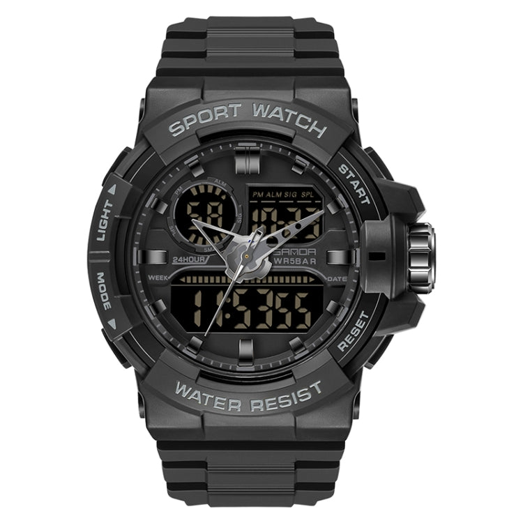 Dual time digital sport watch with all-black case and strap, glowing square dial