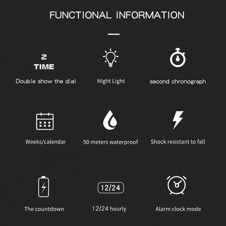 Digital sport watch feature icons: calendar, 50m waterproof, alarm, night light
