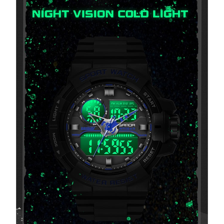 Sports wristwatch with black strap and green luminous dual digital display