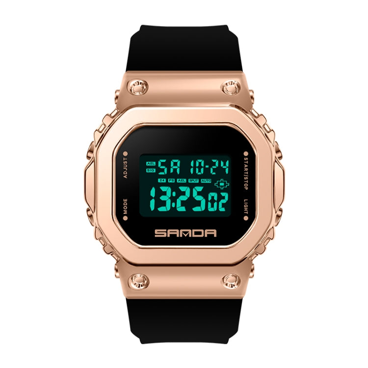 Digital square-dial LED sports watch with rose-gold case and black silicone strap