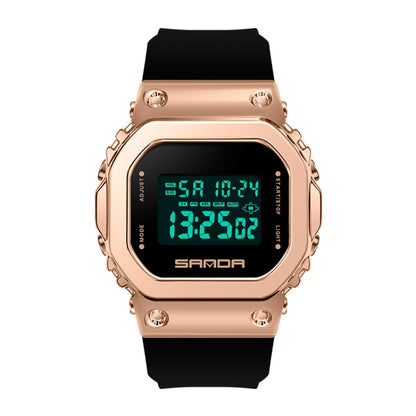 Digital square-dial LED sports watch with rose-gold case and black silicone strap