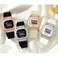 Set of four digital square-dial sports watches in black, silver, and rose-gold colors
