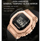 Rose-gold digital square-dial watch with black display and black silicone strap
