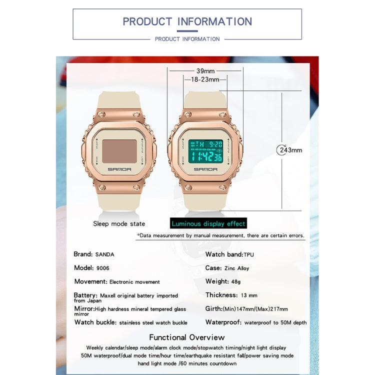 Rose-gold digital square-dial sports watch shown side by side for front and profile views