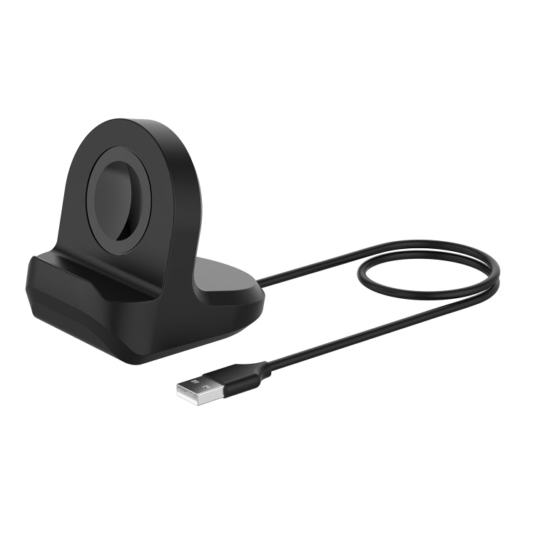 Black charging stand holder with round cradle and attached USB cable