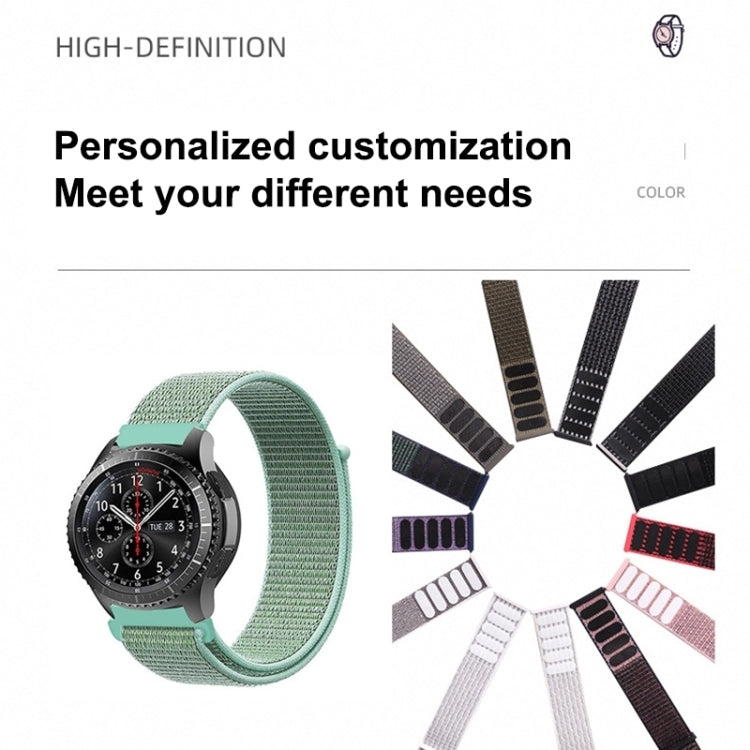 Nylon loop watchband on a round smartwatch with green strap; includes color swatches