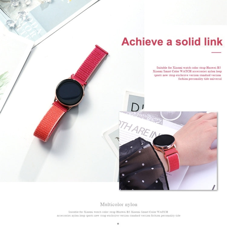 Nylon loop watchband on a smartwatch with red strap and adjustable woven end