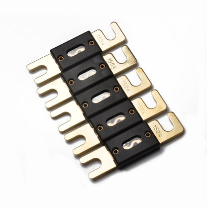 Gold-plated ANL car fuse blocks with black insulators and fork terminals, 150A
