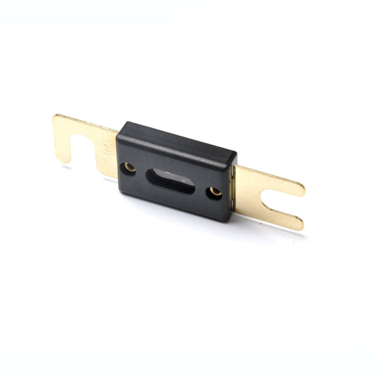 Gold-plated ANL car fuse with black cartridge and fork terminals, 150A