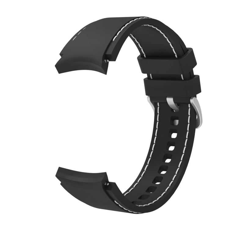 Black silicone watchband with white contrast stitching and perforated strap holes