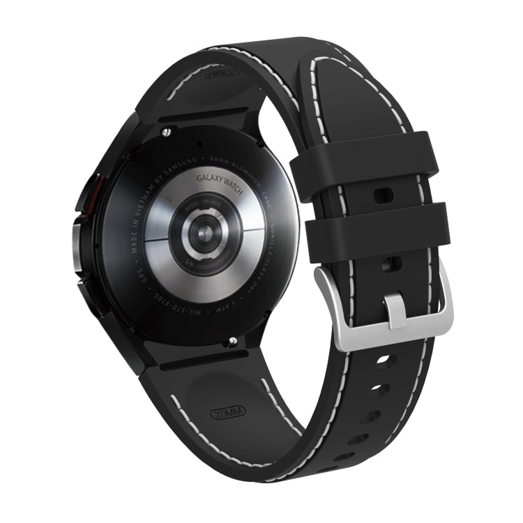 Black silicone watchband with white stitched trim and metal clasp buckle