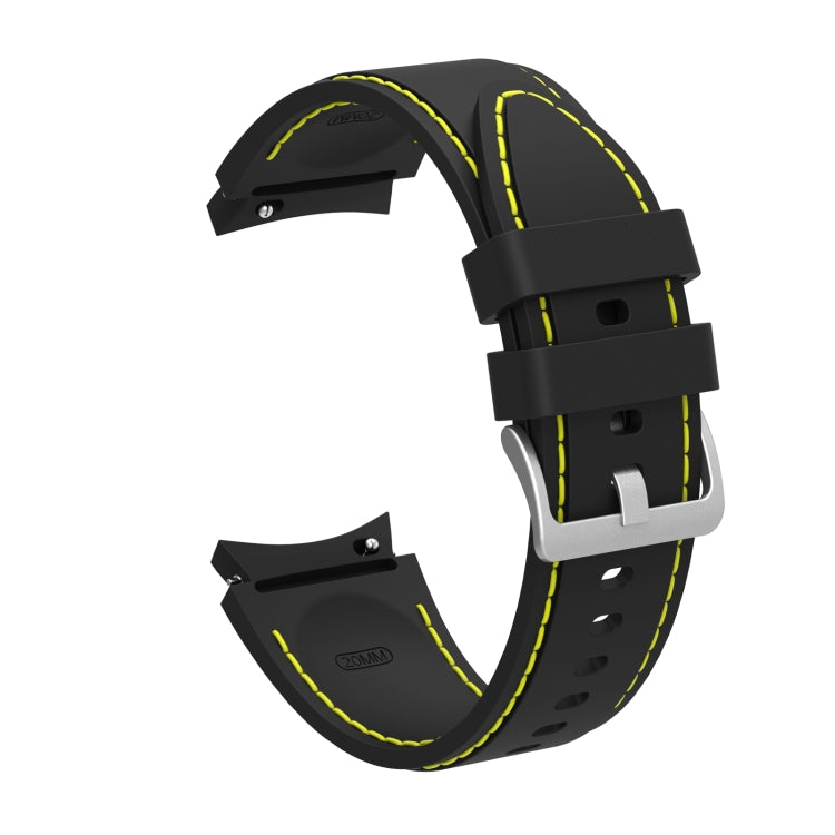 Black silicone watchband with neon green contrast stitching and adjustable metal buckle