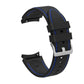 Black silicone watchband with blue contrast stitching and adjustable metal buckle