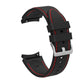Black silicone watchband with red contrast stitching and adjustable metal buckle