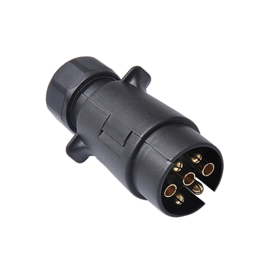 Trailer connector plug, black plastic with circular 7-pin socket and exposed gold pins