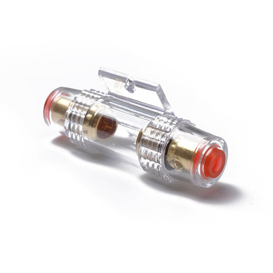 Inline AGU fuse holder with mounting bracket, clear housing, gold terminals, red end caps