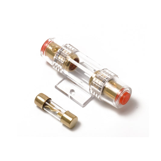 Inline AGU fuse holder with gold-plated terminals and clear body, 100A
