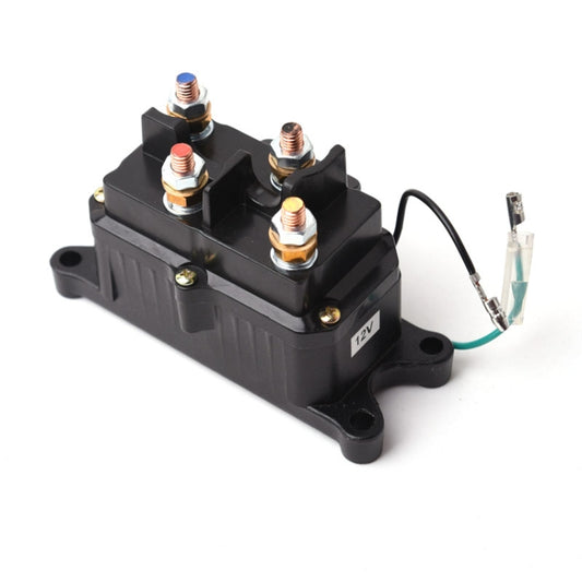Black 12V solenoid contactor with four stud terminals and connector wire leads