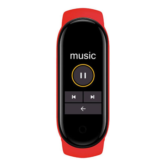 Red sports smart bracelet with music player controls and pause/play button on screen