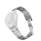 Silver titanium alloy quick-release watch band with rectangular links and metal buckle.