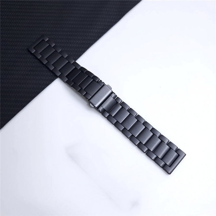 Black metal watch band with flat buckle and multi-row link design