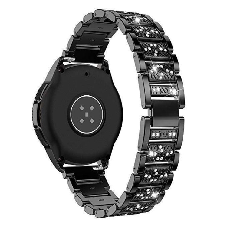 Black diamond three-bead watch strap with glossy metal links and patterned sparkle panels