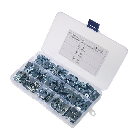 U-shaped clip nut fastener set with open box and assortment of metal nuts