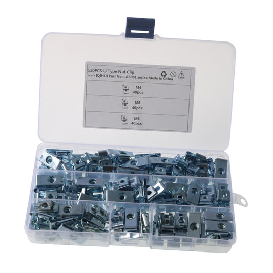 U-shaped clip nut fastener set in clear plastic box, 120 pieces, A6091 label