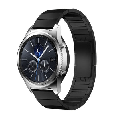 Smart watch replacement strap with black link band and silver watch case, blue dial