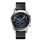Smart watch with black link replacement strap and silver case, blue-accent dial