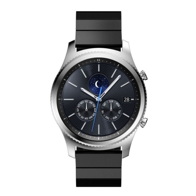 Smart watch with black link replacement strap and silver case, blue-accent dial