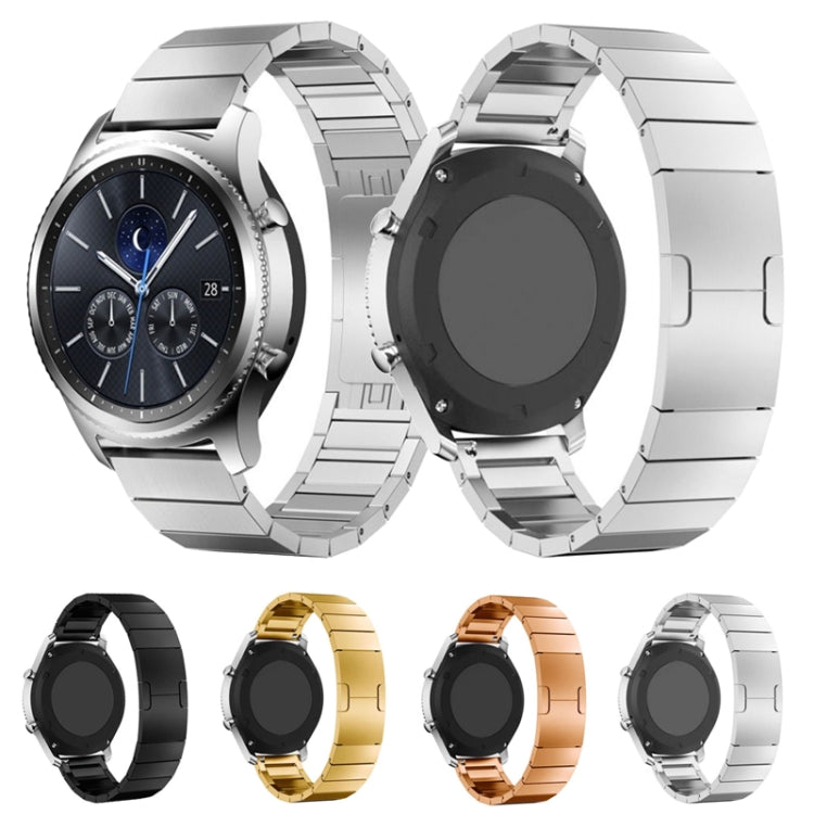 Stainless steel smartwatch straps in black, gold, rose gold, and silver with link buckles