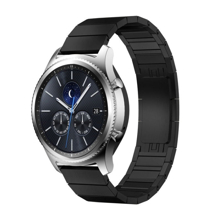Smart watch with black link replacement band and silver case, blue-accent clock face
