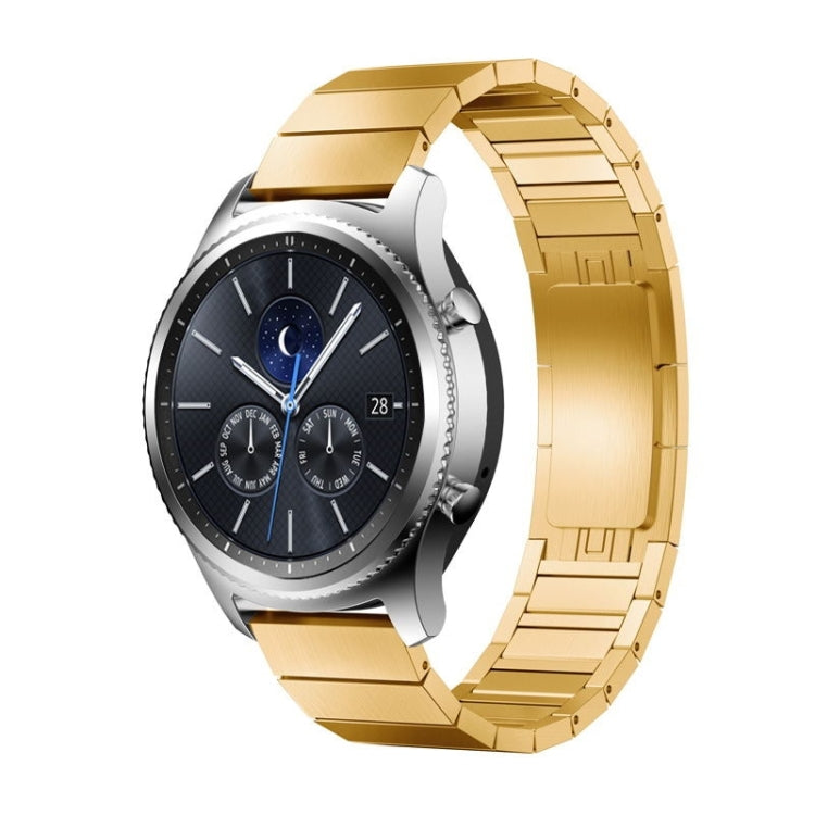 Smart watch with gold link replacement band and silver case, blue-accent dial