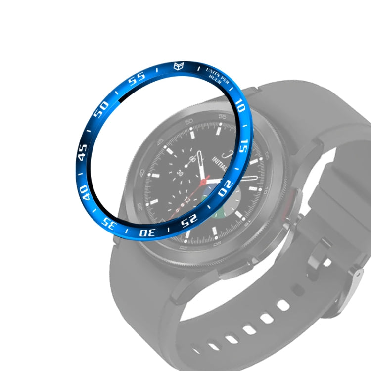 Blue smartwatch bezel ring with white engraved minute markings around the display